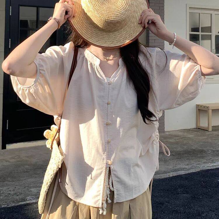 法式甜美开衫抽绳褶皱灯笼袖衬衫女2026夏季新款宽松百搭短袖上衣图片