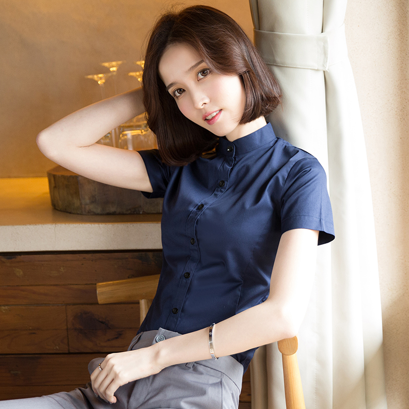 夏季白襯衫女短袖職業立領白色襯衣OL工作服百搭修身打底衫正裝棉