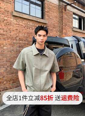 双拉链垫肩短袖衬衫夹克男夏季clenafit新款简约美式宽松短款衬衣