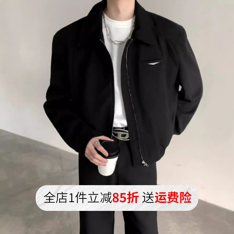 cleanfit短款夹克男款秋冬痞帅美式垫肩外套高级感黑色翻领棒球服