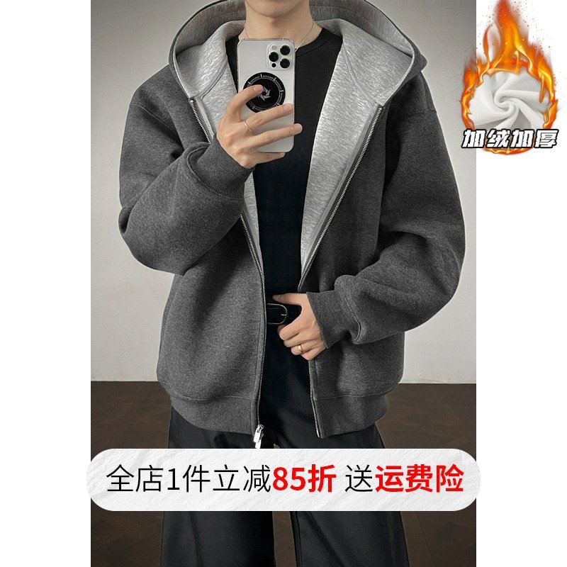 boxy短款加绒连帽撞色卫衣 秋冬灰色重磅大码奥利绒开衫外套潮男,男装,卫衣,淘宝优惠券,粉丝福利购,淘宝优惠卷