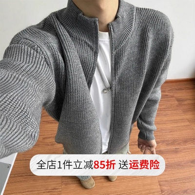 灰色毛衣男秋季慵懒风松弛感穿搭针织开衫外套cleanfit立领夹克