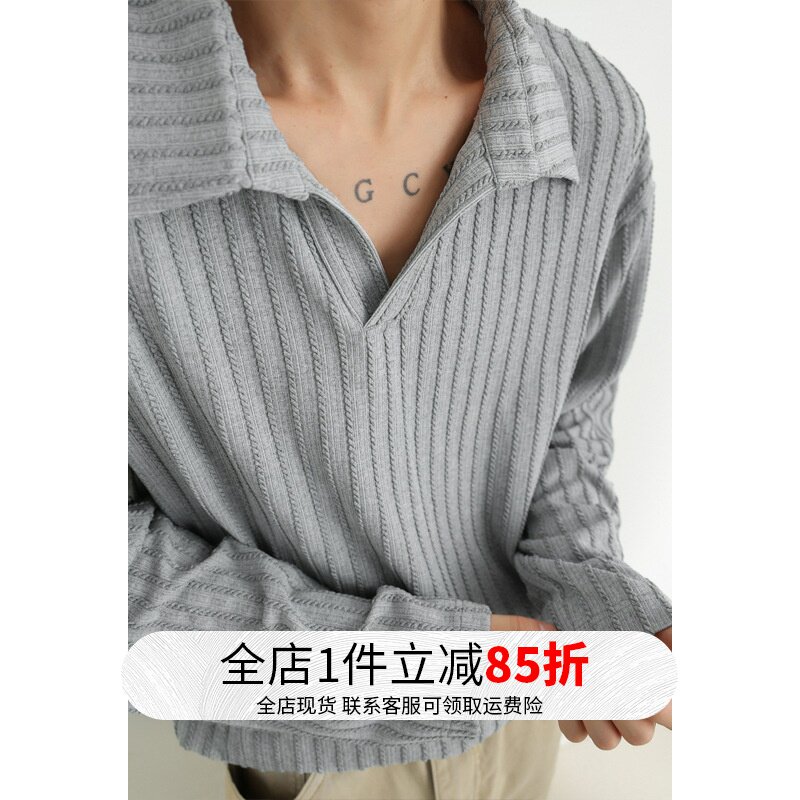 麦穗纹v领POLO衫男款秋季高级感老钱风松弛感翻领卫衣内搭长袖t恤