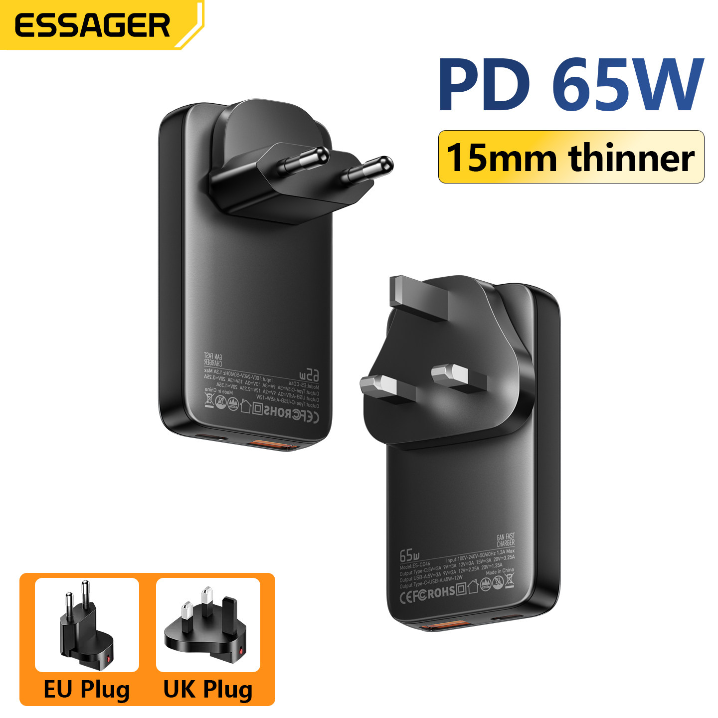 Essager 65W GaN Charger USB Type-C PD3.0 Fast Charge港澳版欧规德国便携小巧氮化镓充电器可转换插头