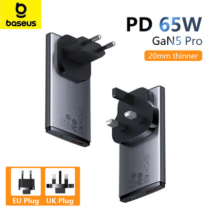 Baseus 65W GaN5 Charger Quick Charge Type C PD USB Charger EU UK Plug英规欧规超薄氮化镓双口充电器