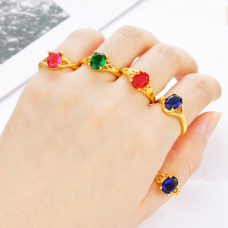 2025新款越南沙金戒指女款宝石戒子仿真黄金可调节指环不掉色首饰