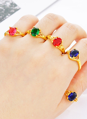 2025新款越南沙金戒指女款宝石戒子仿真黄金可调节指环不掉色首饰