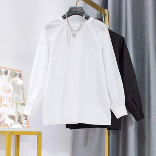 圆领长袖衬衫女白色2026春季宽松慵懒开叉百搭小众气质大码上衣