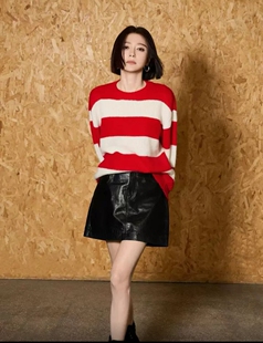 秦岚同款毛衣2025冬季新品宽松马海毛羊毛红白条纹毛织针织衫上衣