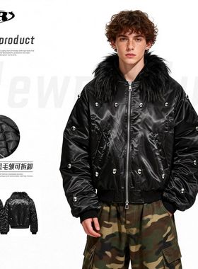 ZH国潮重工暗黑风座山雕毛领棉服男女可穿冬季加厚保暖外套加厚暖