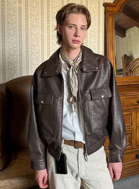 ZH荔枝皮纹PU皮衣美式复古通勤休闲翻领秋冬老钱风夹克外套男女