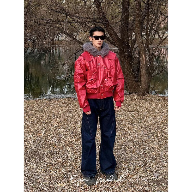 ZH25冬季美式街潮高街结构PU皮座山雕连帽棉服外套大口袋短款男女