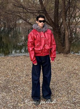 ZH25冬季美式街潮高街结构PU皮座山雕连帽棉服外套大口袋短款男女