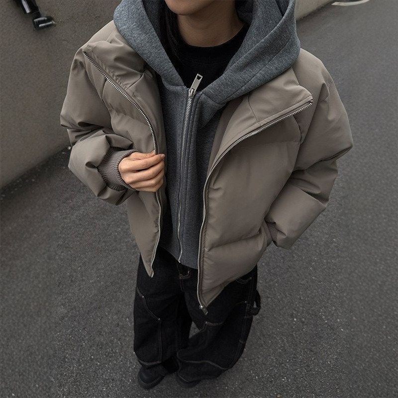 假两件PU皮棉服男款冬季cleanfit感短款夹克棉衣加厚外套男女棉袄