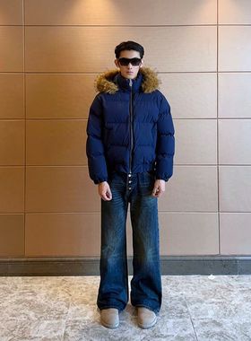 ZH25冬季N实拍美式街潮高街简约百搭可拆卸帽棉服外套毛毛领男女