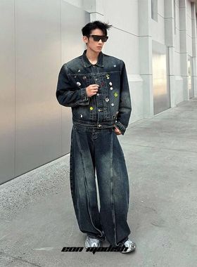 ZH25秋季新高品质小众设计洗水牛仔夹克外套套装垫肩休闲阔腿裤男