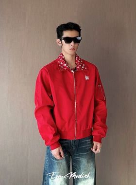 ZH25冬季New实拍美式街潮高街个性拼接宽松夹克外套男女夹棉红