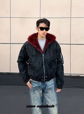 ZH25冬季实拍美式街潮高街撞色设计连帽PU皮棉服外套座山雕男女