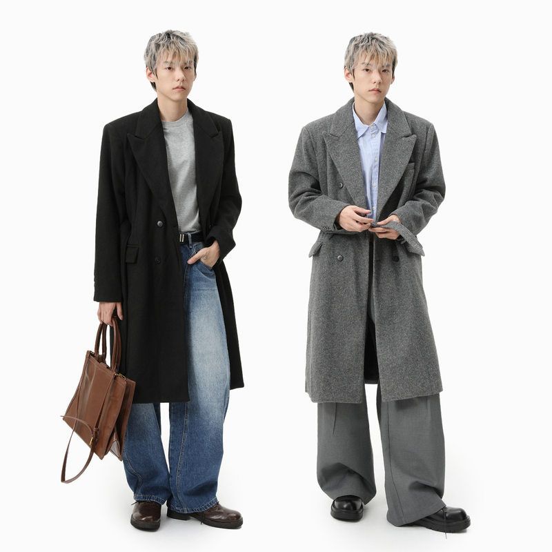 ZH男装|轻熟风英伦翻领呢子不可拆卸垫肩中长款羊毛大衣系带黑灰