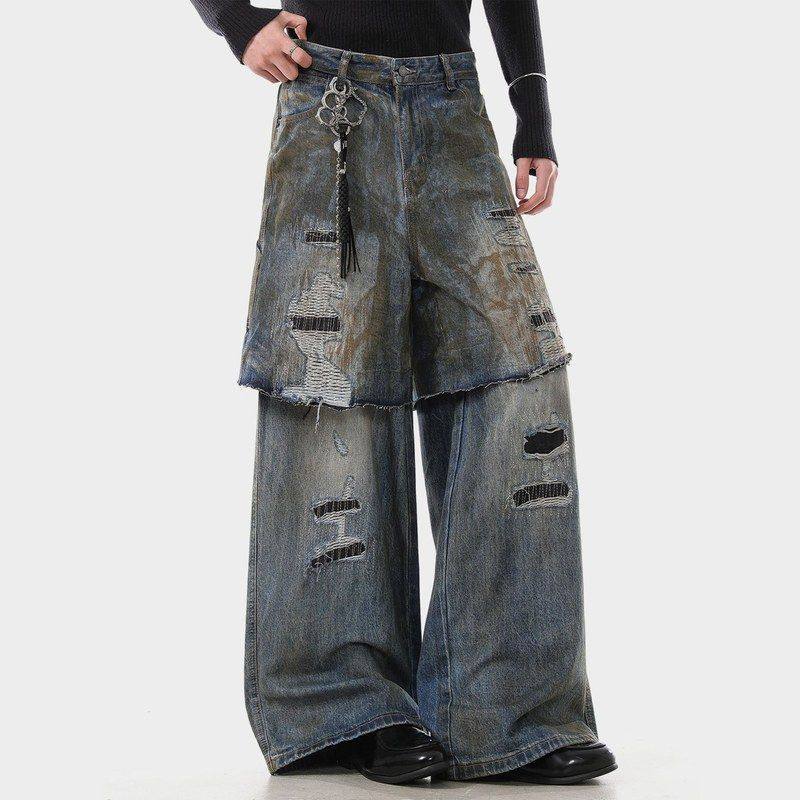 美式复古破洞假两件直筒牛仔裤男女宽松休闲痞帅阔腿拼接百搭长裤,男装,牛仔裤,淘宝优惠券,粉丝福利购,淘宝优惠卷