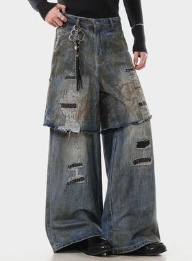 美式复古破洞假两件直筒牛仔裤男女宽松休闲痞帅阔腿拼接百搭长裤