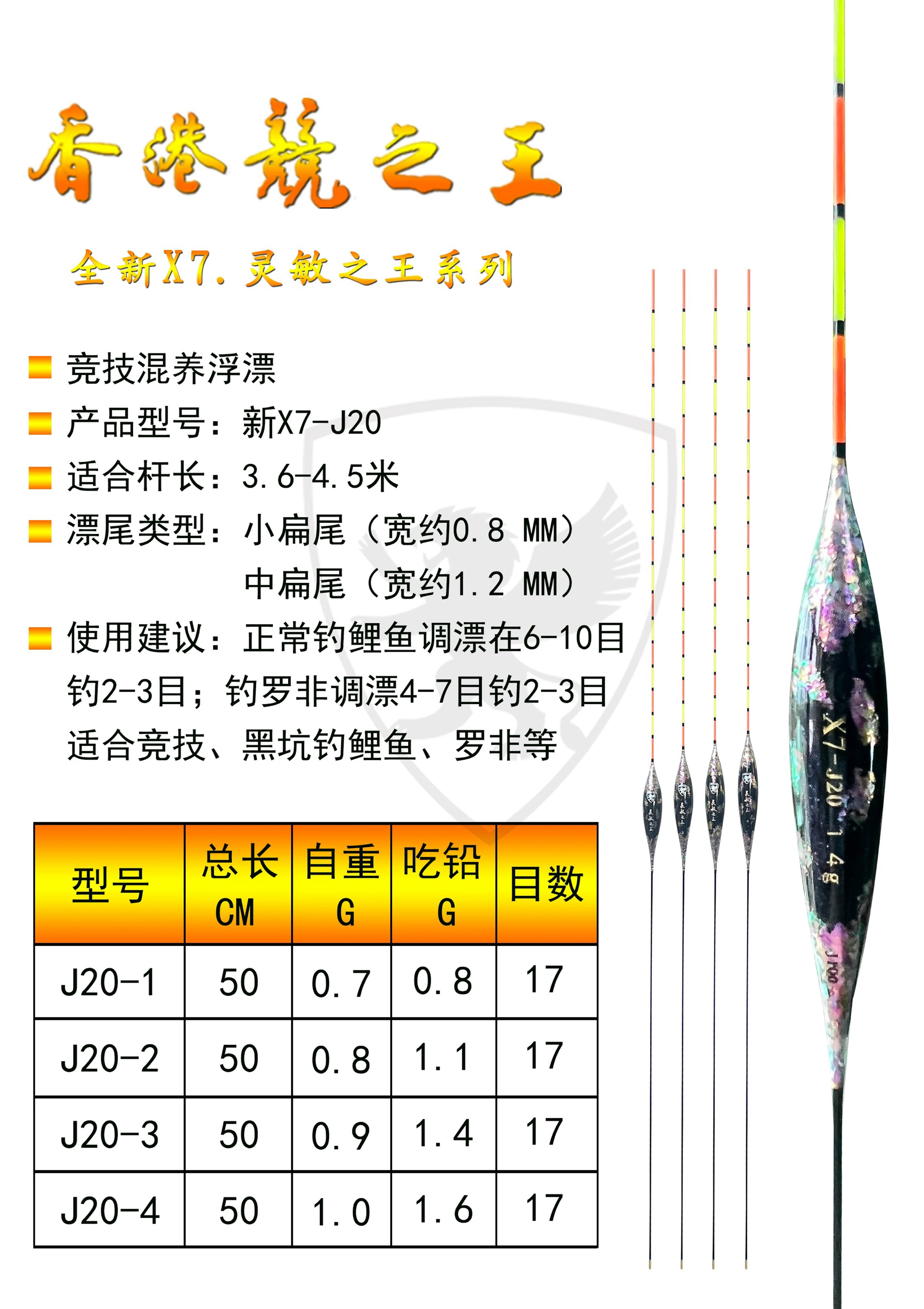 香港竞之王新X7-J20竞技混养鲫鱼香港纳米浮漂中扁尾鱼漂鱼标