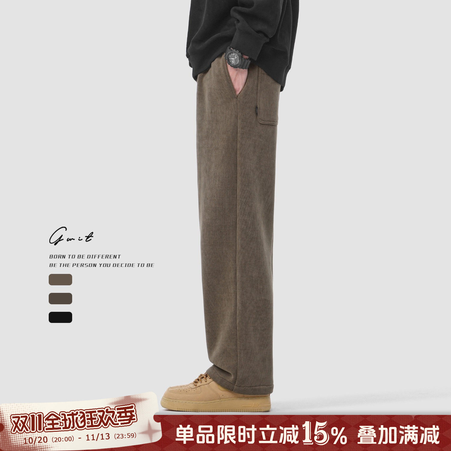 GWIT 冬季重磅奥粒绒美式潮牌直筒保暖阔腿垂感加绒加厚休闲裤男