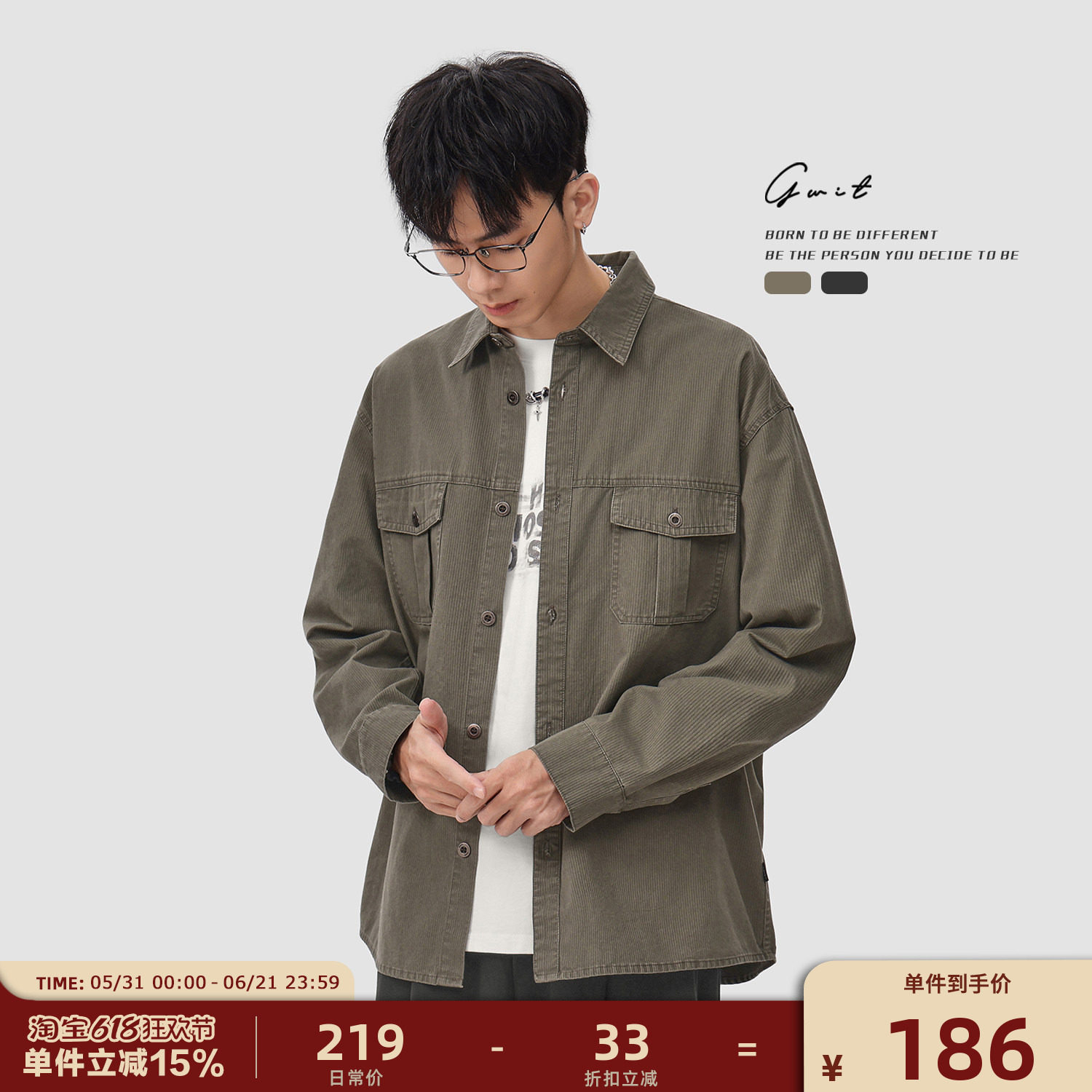 GWIT 美式工装衬衫外套长袖上衣寸衫男款衬衣Vintage重工做旧水洗