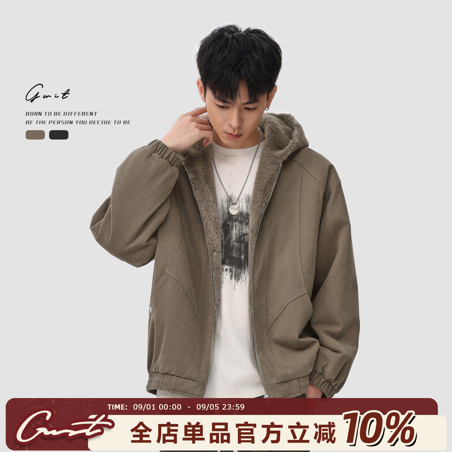 GWIT水洗做旧座山雕连帽外套男图片