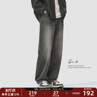 版 GWIT 男Vintage廓形经典 潮牌重磅石磨水洗炭黑色弯刀牛仔裤 美式