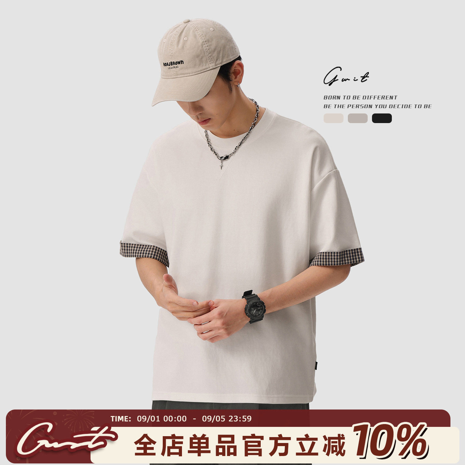 GWIT格子拼接潮牌廓形短袖T恤图片