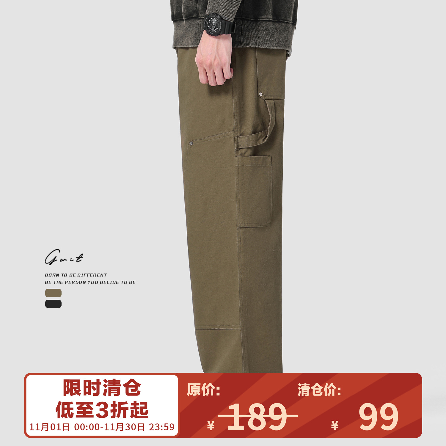 GWIT 春秋新款美式cargo潮流复古休闲裤宽松直筒长裤潮牌工装裤男