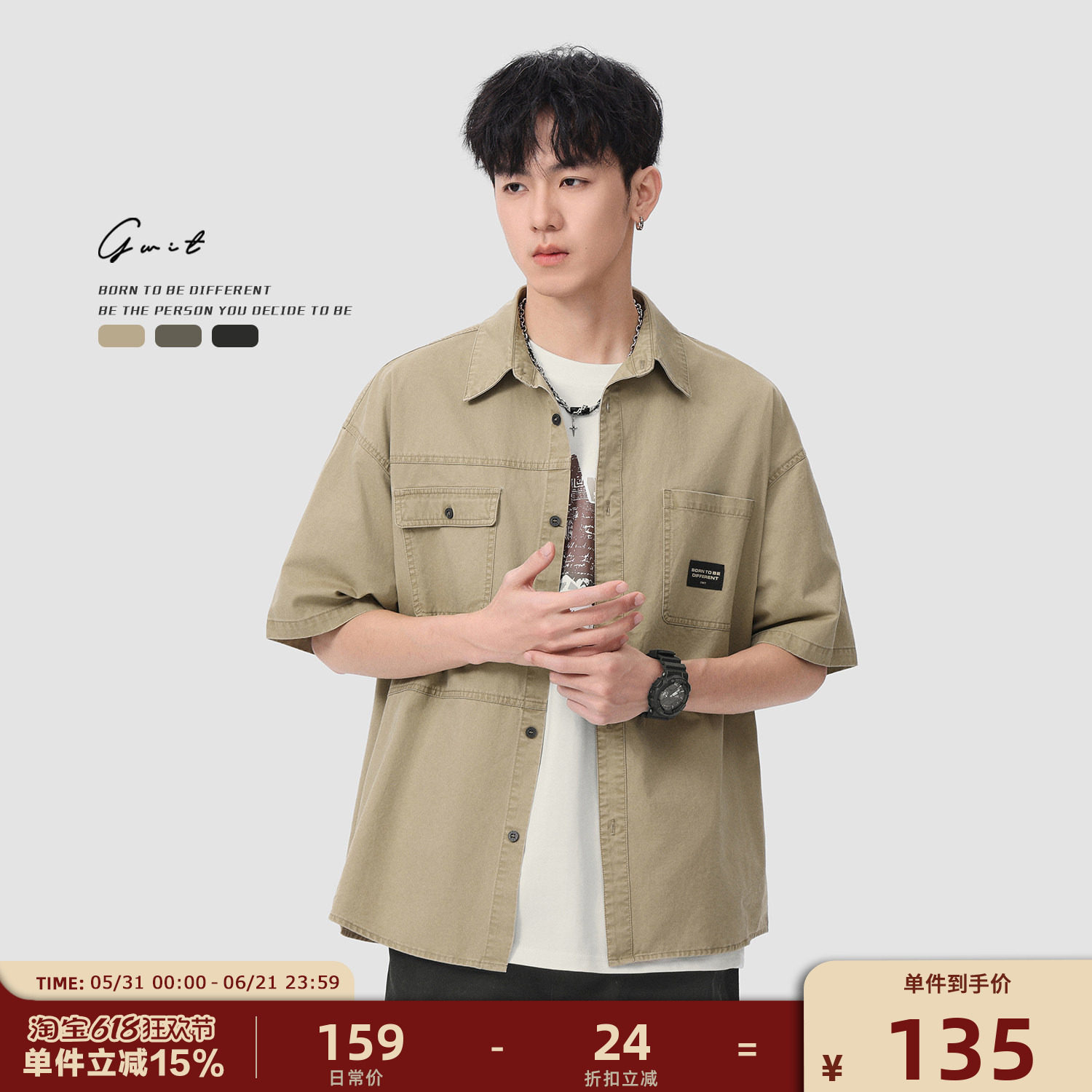 GWIT 重磅复古美式休闲水洗做旧夏季半袖寸衫潮牌衬衣短袖衬衫男