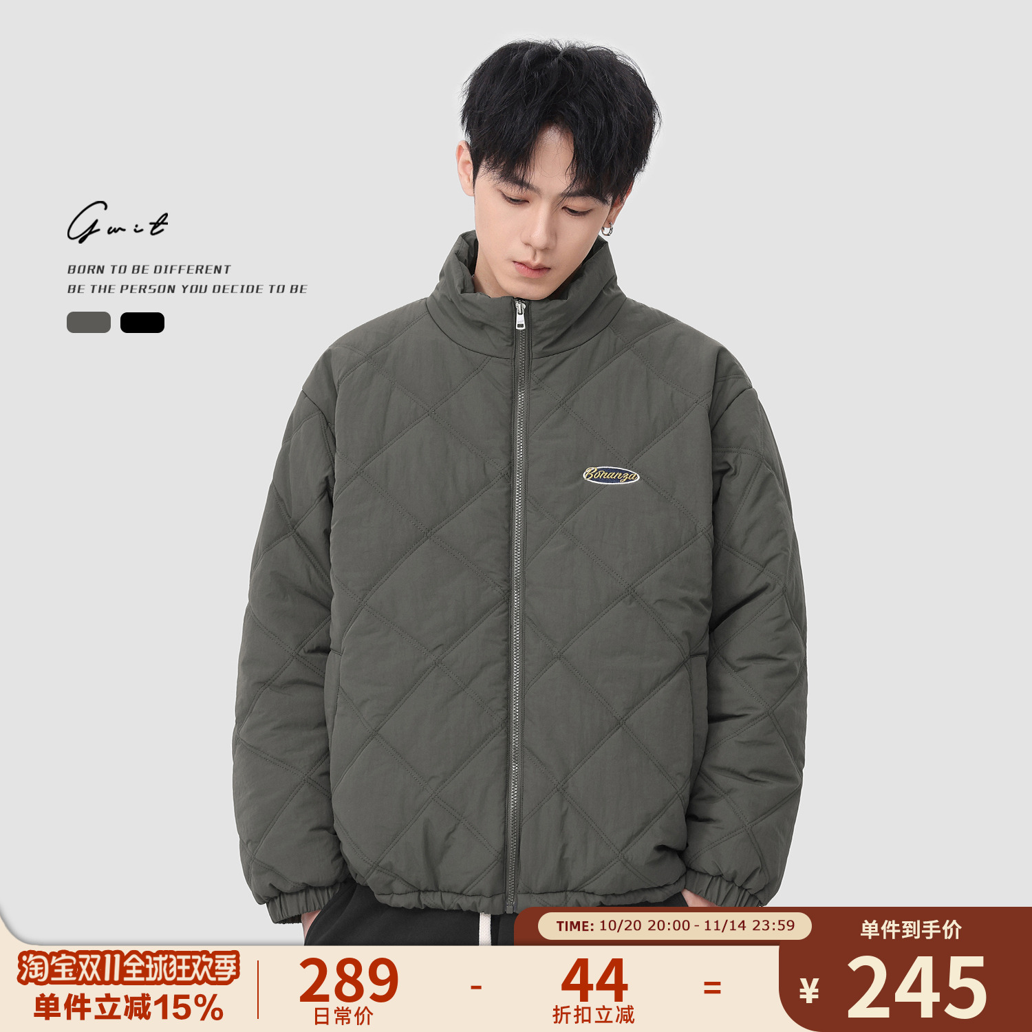 GWIT 美式复古菱形格棉衣冬季夹棉棒球服夹克工装潮牌外套棉服男