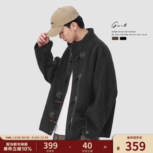 GWIT 重磅双面呢国潮新中式冬季加厚短款呢子大衣廓形毛呢外套男