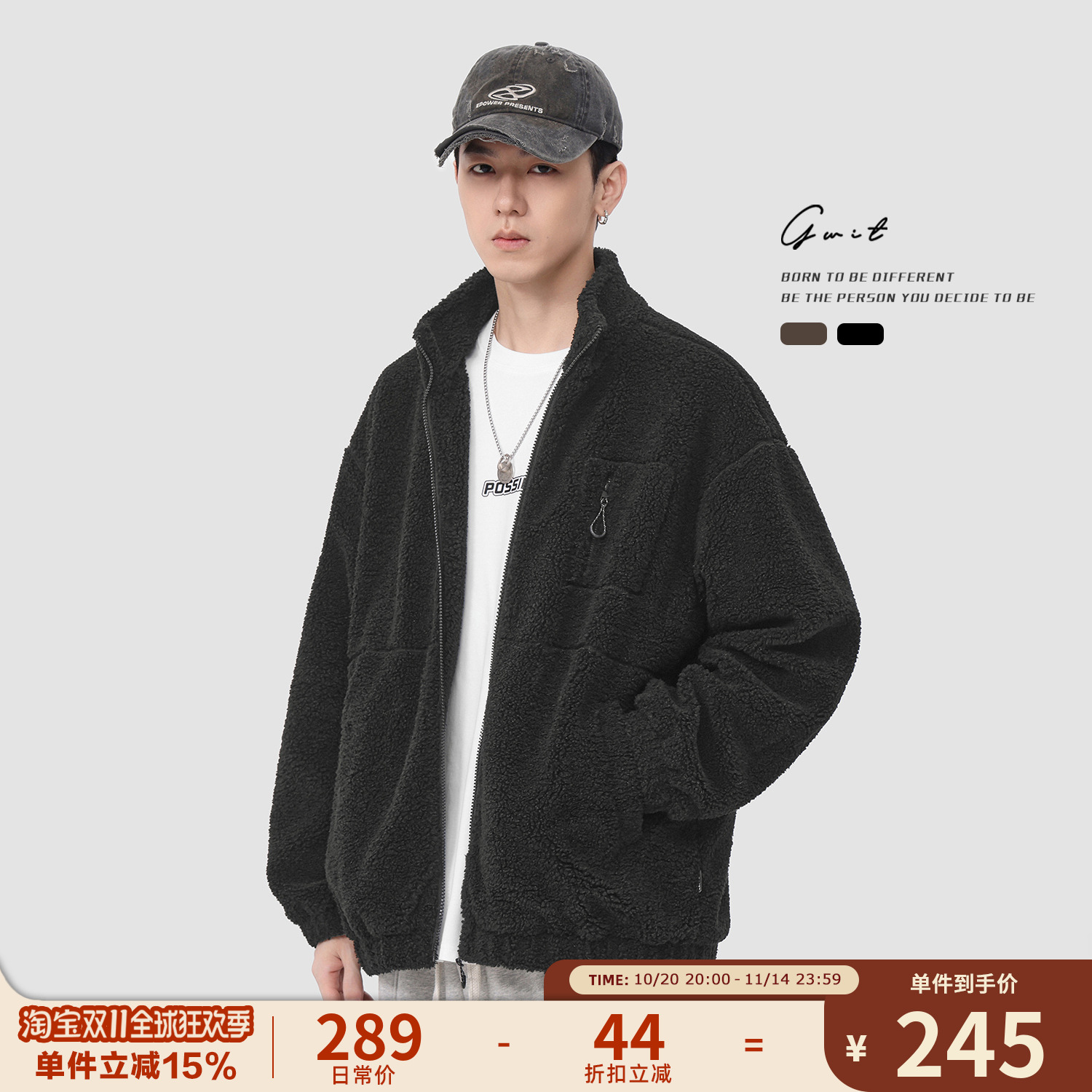 GWIT 美式复古重磅羊羔绒冬季保暖夹克棉衣加厚羊羔毛外套棉服男