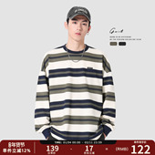 春秋新款 美式 潮牌体恤内搭上衣情侣打底衫 GWIT 圆领条纹长袖 T恤男