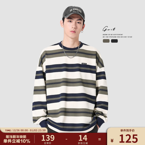 GWIT圆领条纹长袖宽松长袖T恤男