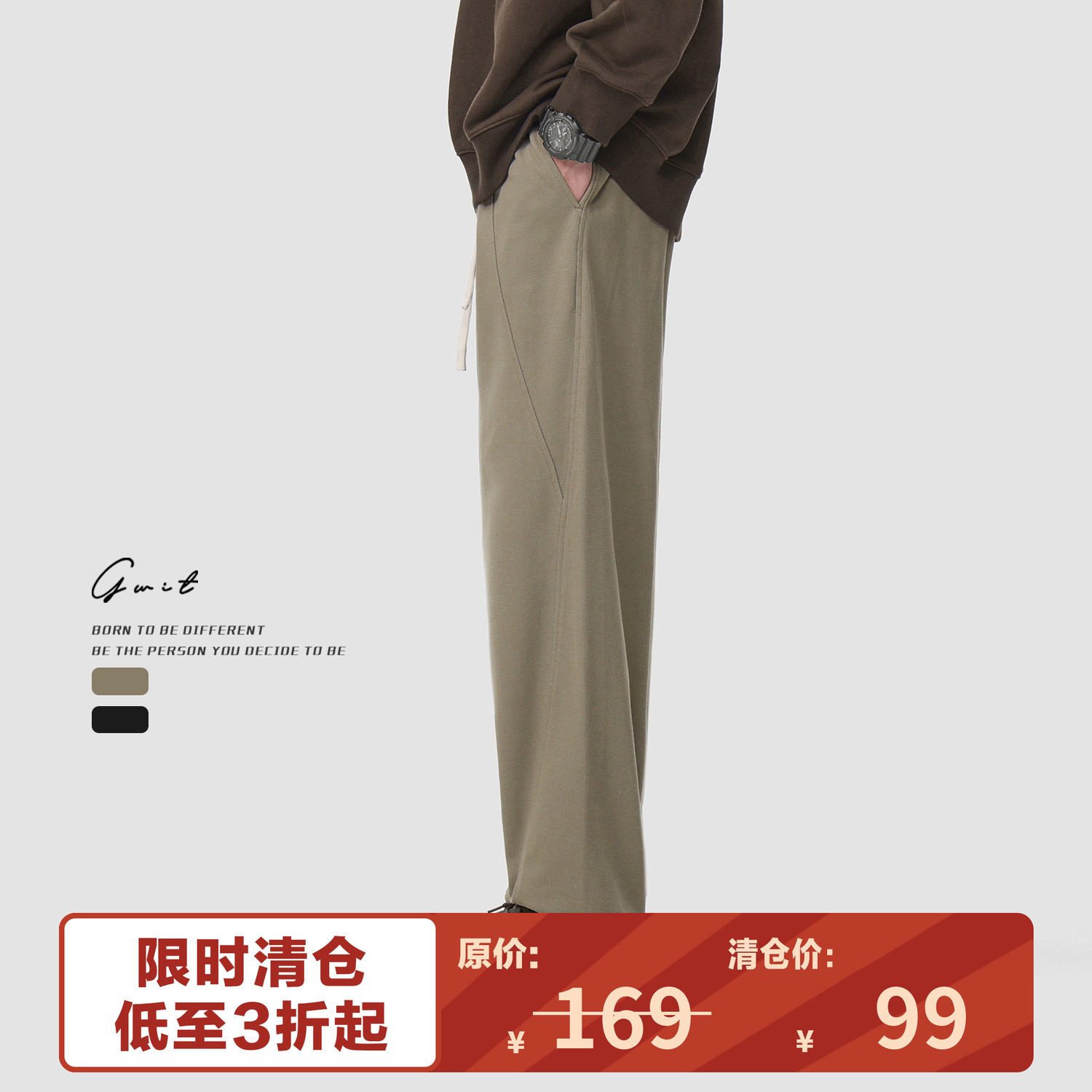 【福利清仓】GWIT美式春夏薄款垂感卫裤工装抽绳束脚运动休闲裤男图片