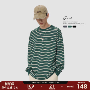 圆领条纹长袖 复古潮牌体恤春秋内搭上衣情侣打底衫 T恤男 美式 GWIT