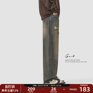 男美牛重工破洞款 复古黄泥染做旧Vintage春秋弯刀牛仔裤 经典 GWIT