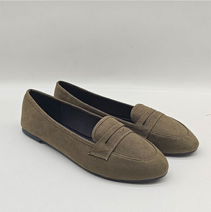 外贸浅口乐福平底卡其绿一脚蹬通勤百搭软底复古大码女单鞋