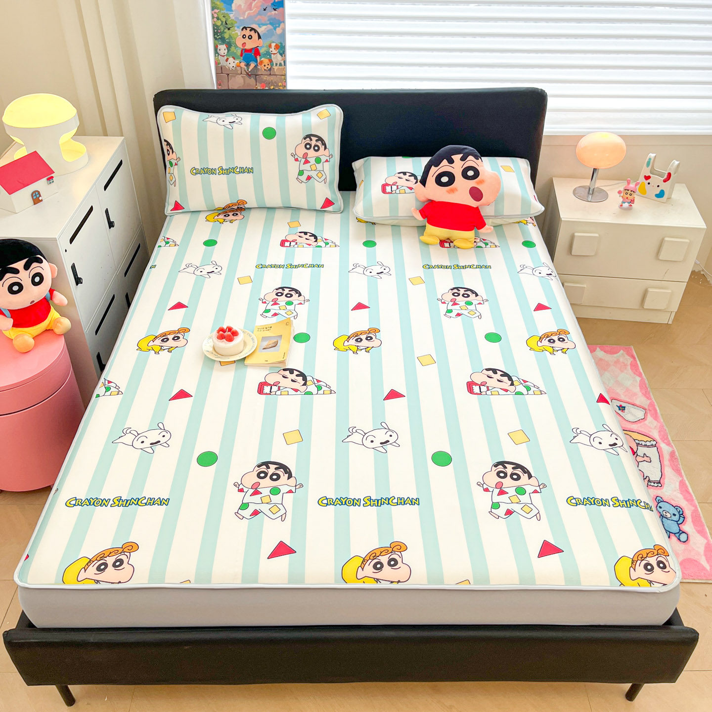 蜡笔小新卡通冰丝席三件套可爱儿童男孩学生宿舍夏凉软席子可机洗