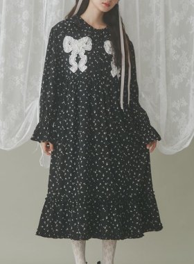 蕾丝蝴蝶结！2025春夏新款MJ超可爱木耳边雪纺长袖中长款连衣裙