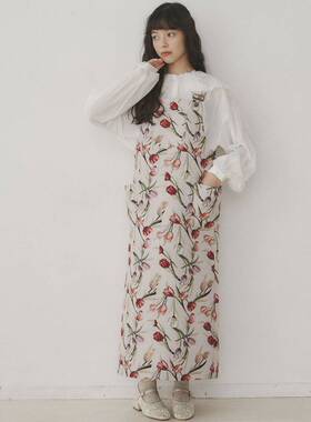 背带裙--1 郁金香4色 油画即视感！MJ新款花朵图案宽松连衣裙