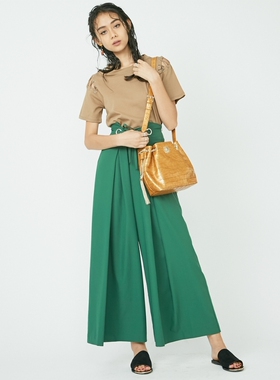 100元3件！秋新款EVRIS超显腿长高腰系带大褶宽腿阔腿绿黄黑长裤