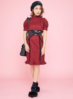 特价夏新款EATME格子立领木耳花边高腰鱼尾摆包臀中裙套装