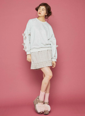 秋冬新款MJ千鸟格子层层木耳边下摆插兜高腰可爱毛呢短裙