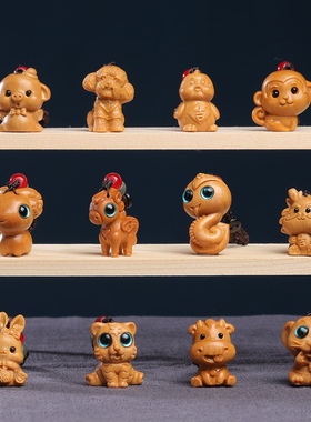 芭比檀香木雕刻卡通十二生肖守护神兽檀木萌趣可爱动物情侣钥匙扣