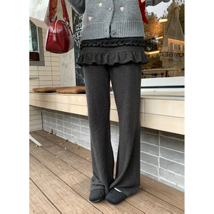 ANA宝藏珍妮 女生 春秋冬韩系设计显瘦松紧腰德绒木耳边微喇长裤